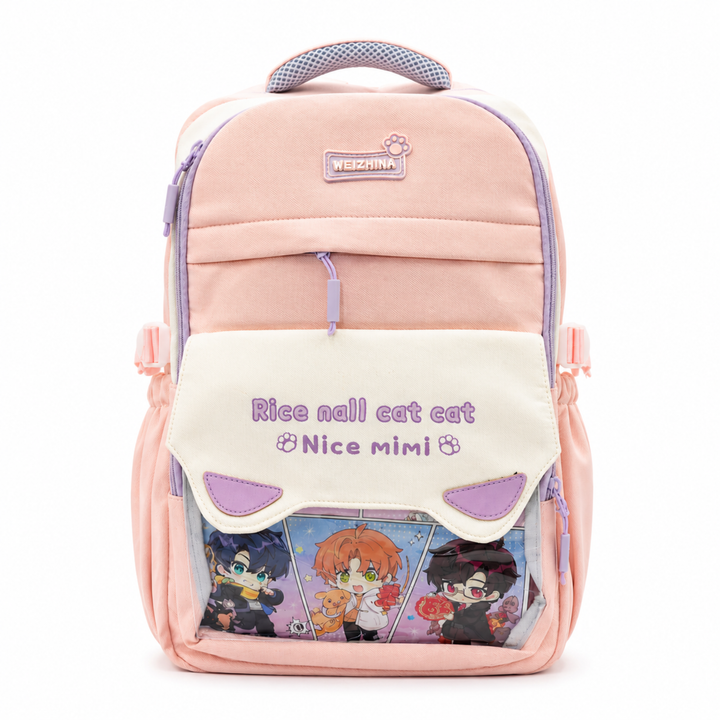 Mimi Meow School Backpack, Cute Cat Water-Resistant Student Backpack with Front Pocket, Lightweight Large Capacity School Bag with Side Bottle Pockets for School & Travel