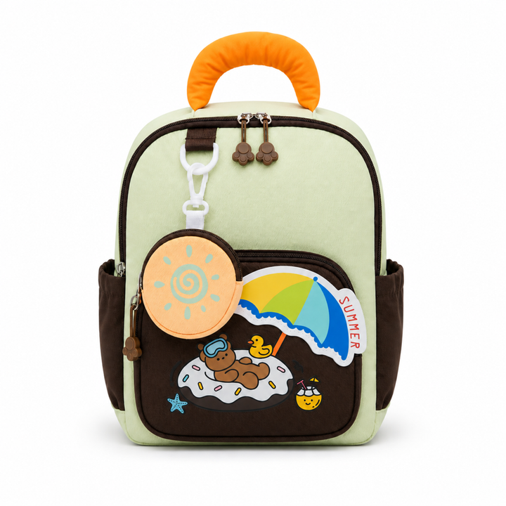 Summer Bear School Backpack for Daily Use, Spacious Multi-Compartment School Bag with Front Zipper Pocket, 2 Side Bottle Pockets, Top Handle, Lightweight Design & Stylish Bear Print