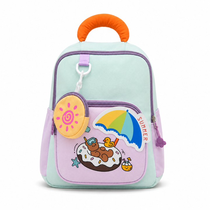 Summer Bear School Backpack for Daily Use, Spacious Multi-Compartment School Bag with Front Zipper Pocket, 2 Side Bottle Pockets, Top Handle, Lightweight Design & Stylish Bear Print
