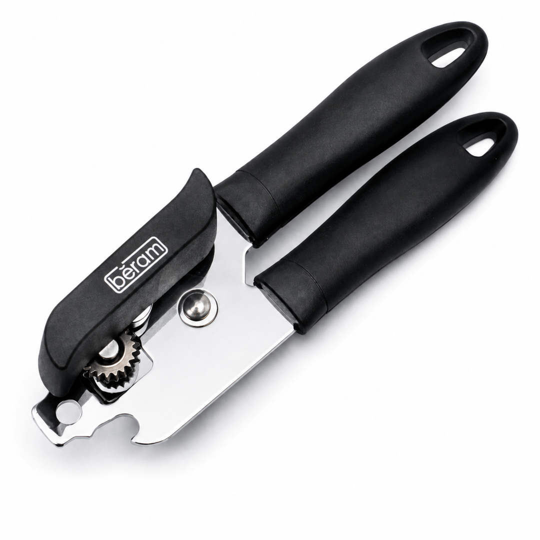 BERAM Manual Can Opener – Heavy-Duty Stainless-Steel Handheld Multi-Opener with Built-In Bottle Opener – Anti-Slip Grip, Large Turn Knob, Black