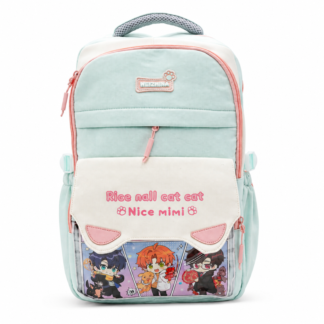 Mimi Meow School Backpack, Cute Cat Water-Resistant Student Backpack with Front Pocket, Lightweight Large Capacity School Bag with Side Bottle Pockets for School & Travel
