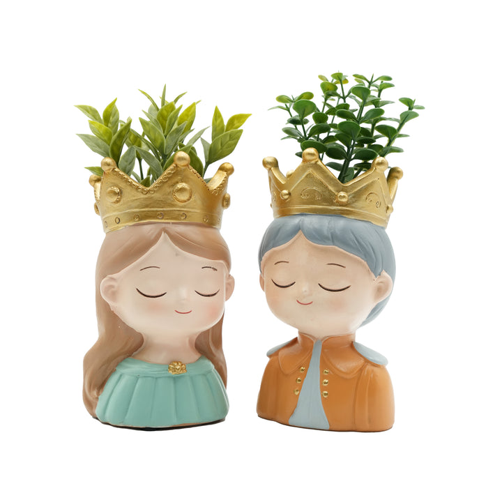 King and Queen Planter Set Polyresin Decorative Flower Vase Royal Couple Succulent Pot Cute Crown Design Indoor Outdoor Home Office Decor Pen Pencil Holder Gift
