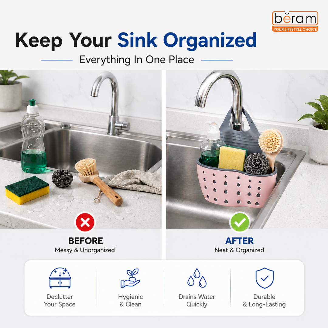 BERAM Kitchen Sink Organizer Sponge Holder Storage Basket Soap Sponge Drain Rack Holder for Sponges Soaps and Cleaning Brushes Sink Accessories