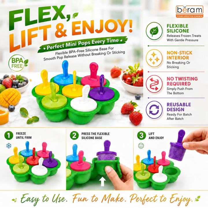 BERAM Summer Refresh Combo 7 Cavity Silicone Popsicle Mold with Lid & Sticks Premium Manual Lemon Squeezer 2PCS Stainless Steel Sugar Tongs DIY Ice Pops Fresh Citrus Drinks & Dessert Making Kit