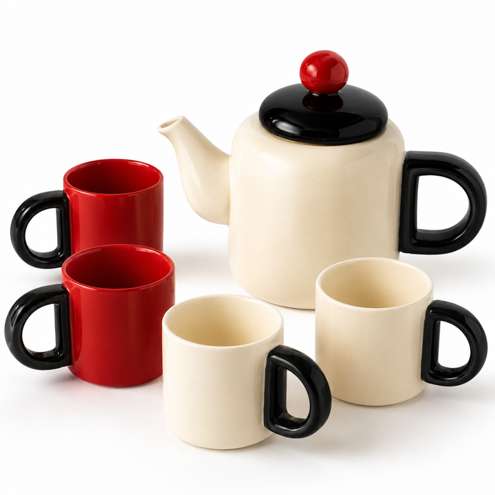 BERAM Ceramic Tea Set 1 Liter Teapot Set with 140ml Cups 6 Pieces Set Removable Stainless Steel Infuser Decorative Tea Set with Gift Packaging Elegant Serveware Tea Party Set Red and White