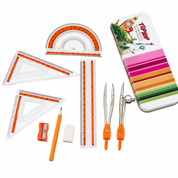9 Piece Mathematical Geometry Box Set with Metal Tin Case, Compass, Divider, 15 cm Ruler, Protractor, Set Squares, Pencil, Eraser & Sharpener, Geometry Instrument Kit for School Students
