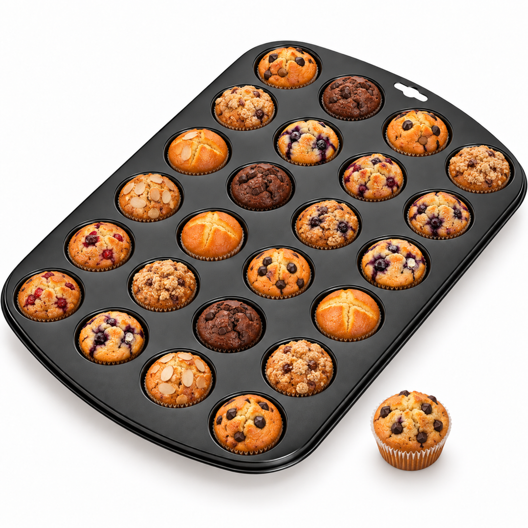 Beram Mini 24 Cupcake Tray Non Stick Carbon Steel Muffin Pan Heavy Duty Oven Safe Bakeware Baking Tray for Cupcakes Muffins Brownies Cookies Pastry Tarts Desserts BPA Free Kitchen Baking Pan