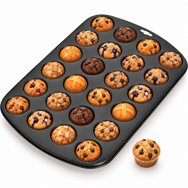 Beram Mini 24 Cupcake Tray Non Stick Carbon Steel Muffin Pan Heavy Duty Oven Safe Bakeware Baking Tray for Cupcakes Muffins Brownies Cookies Pastry Tarts Desserts BPA Free Kitchen Baking Pan