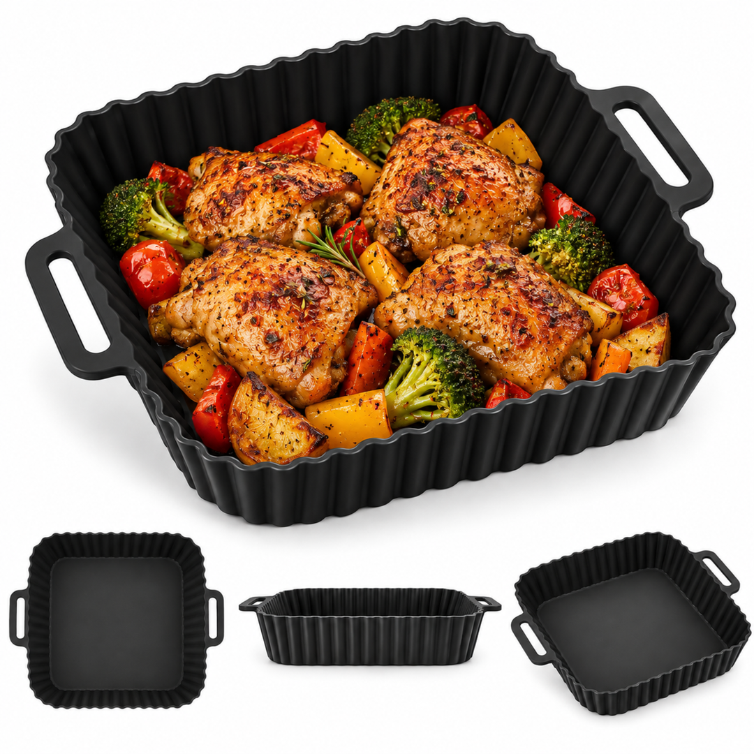 Beram Reusable Air Fryer Liner Square Black Non-Stick Food Grade Silicone Baking Mat Heat-Resistant Easy Clean Food Grade  For Air Fryers Ovens Microwaves Frying Roasting and Baking