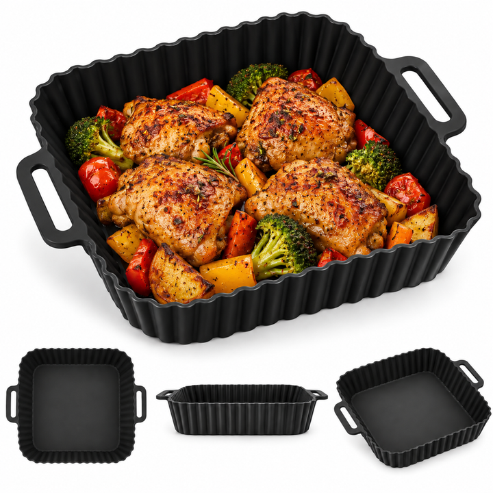 Beram Reusable Air Fryer Liner Square Black Non-Stick Food Grade Silicone Baking Mat Heat-Resistant Easy Clean Food Grade  For Air Fryers Ovens Microwaves Frying Roasting and Baking