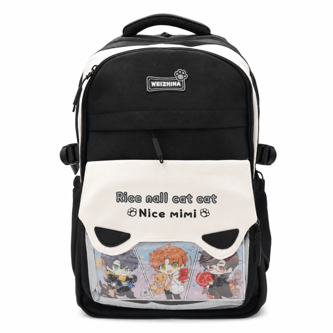 Mimi Meow School Backpack, Cute Cat Water-Resistant Student Backpack with Front Pocket, Lightweight Large Capacity School Bag with Side Bottle Pockets for School & Travel