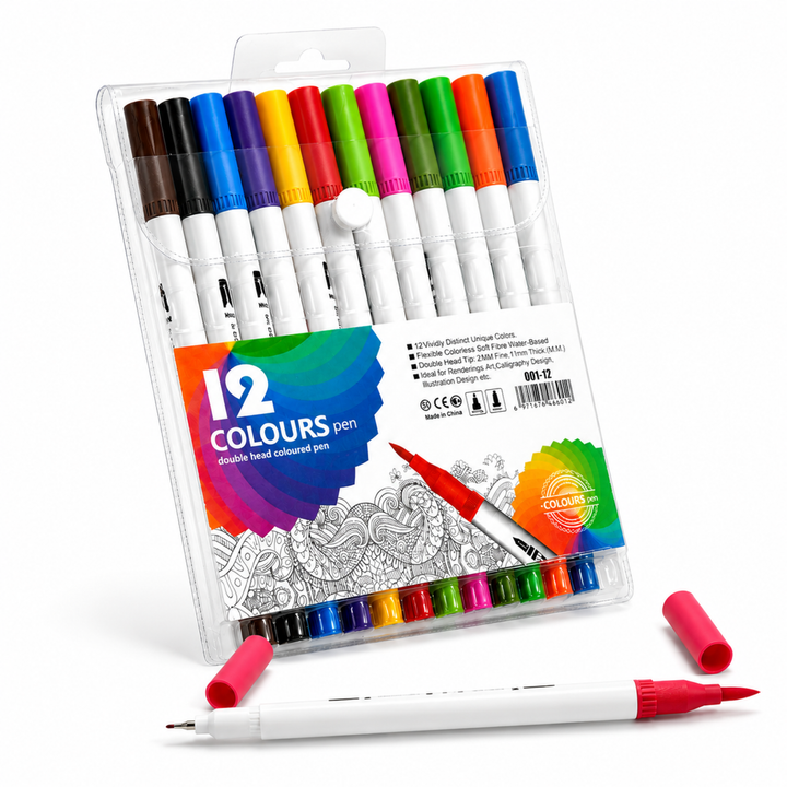 12 Colours Dual Tip Marker Pens Set, Water Based Colouring Pens with 1mm & 2mm Tips, Vibrant Double Head Art Markers for Drawing, Writing, Calligraphy, Illustration, School & Craft