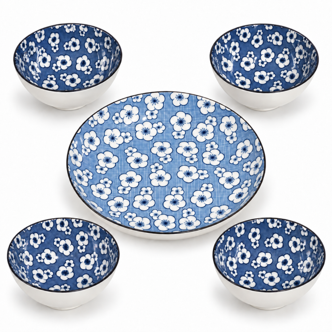 5-Piece Blue & White Ceramic Serving Bowl Set with Large Plate, Floral Pattern, 4 Individual Bowls for Snacks, Desserts, Salads & Side Dishes