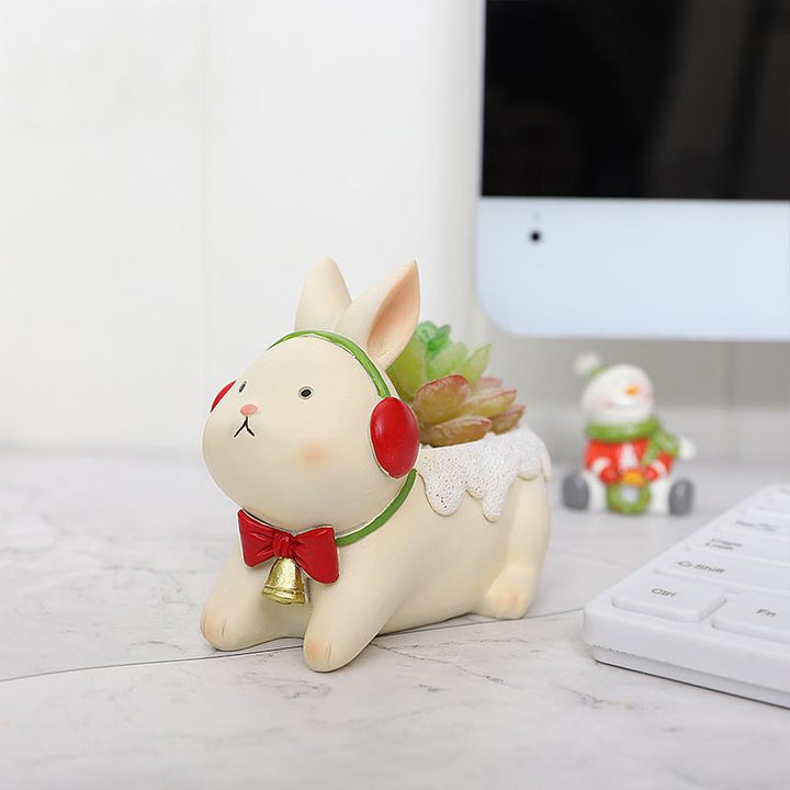 Animal Christmas Flower Pot 4 Pcs Set Rabbit Cat Porcupine Elephant Polyresin Succulent Planter Festive Mini Vase with Santa Hat Gift Box Design Indoor Outdoor Home Office Desk Decor Gift
