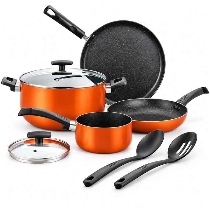BERGNER ULTRA 8PCS COOKWARE SET, PRESSED ALUMINUM COOKING SET, INDUCTION BOTTOM COOKWARE, MARBLE+ NON-STICK COATING COOKING POTS, SUITABLE FOR ALL STOVES, METALIC ORANGE COLOR