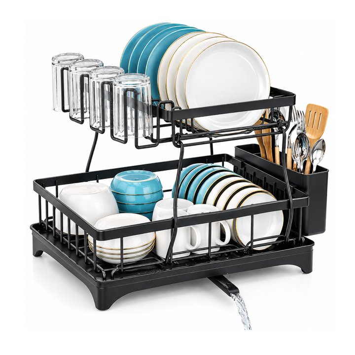 BERAM 2-Tier Stainless Steel Dish Drying Rack – Rust-Resistant Kitchen Organizer with Utensil Holder & Drainboard for Countertop Storage – Black