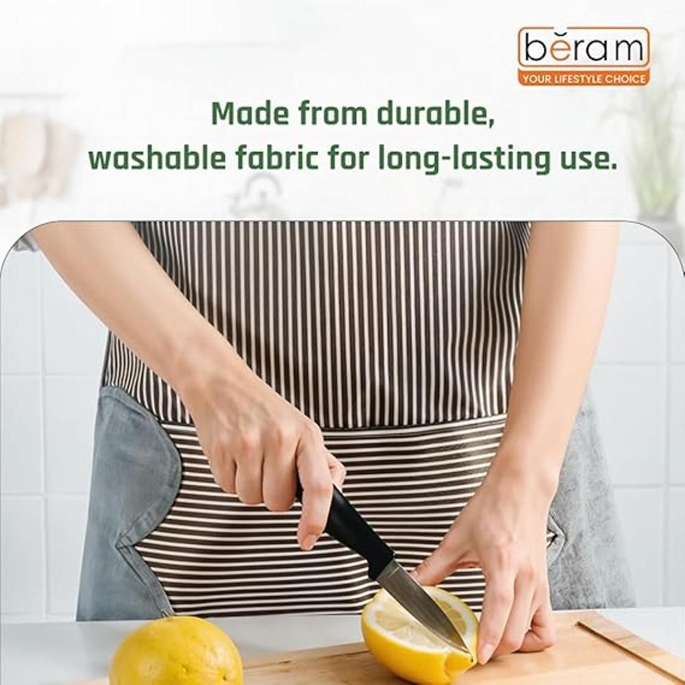 BERAM Unisex Bib Apron, Set of 3, Adjustable Kitchen Aprons, Storage Pockets, 2 Side Hand Wipe Coral Velvet Towels, Stitched, Pinstripe, Waterproof Cooking Aprons for Daily Use