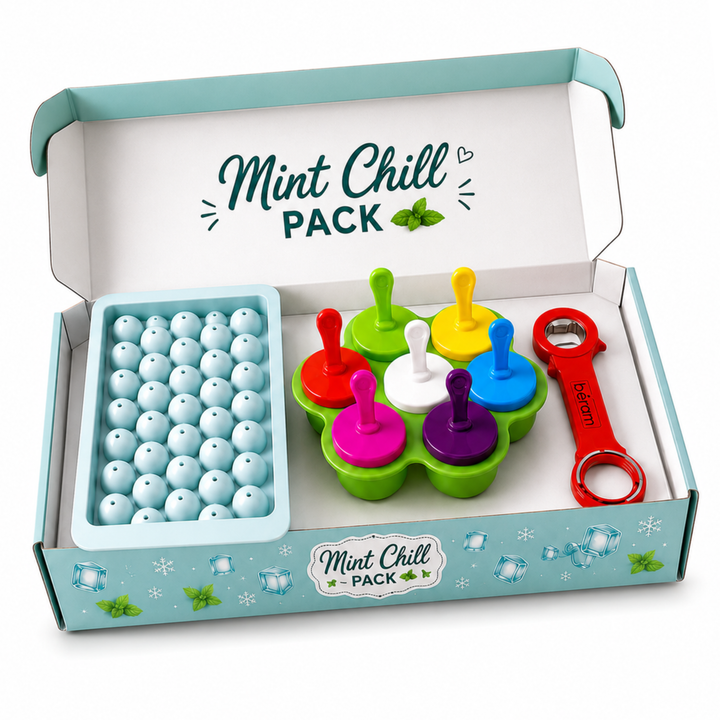 BERAM Cool Prep Combo – Green 7 Cavity Silicone Popsicle Mold with Reusable Sticks, 33 Grid Ice Cube Tray with Lid & 6-in-1 Multi Bottle Jar Opener | BPA Free Frozen Treat & Drink Preparation Set