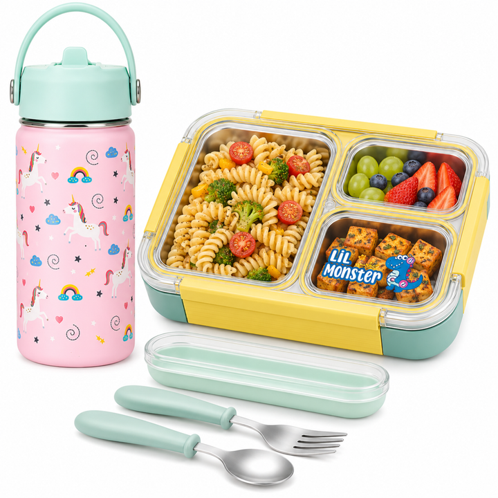 Beram Kids School Lunch Combo Set Stainless Steel Thermal Water Bottle 500ml Insulated Bento Lunch Box 780ml with Spoon Fork Cutlery BPA Free Leakproof
