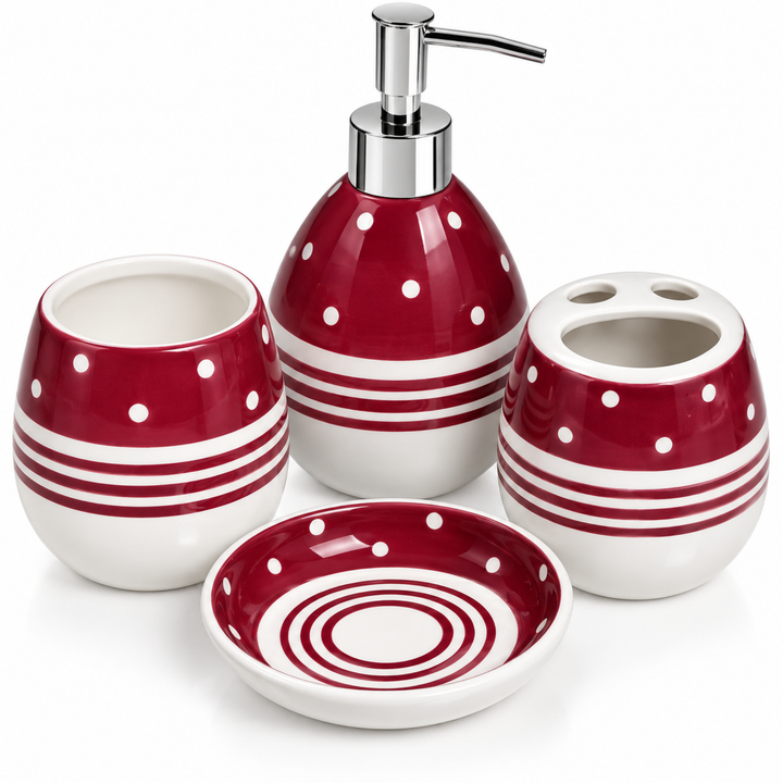4-Piece Red & White Ceramic Bathroom Accessory Set with Soap Dispenser, Toothbrush Holder, Tumbler & Soap Dish, Polka Dot & Striped Design