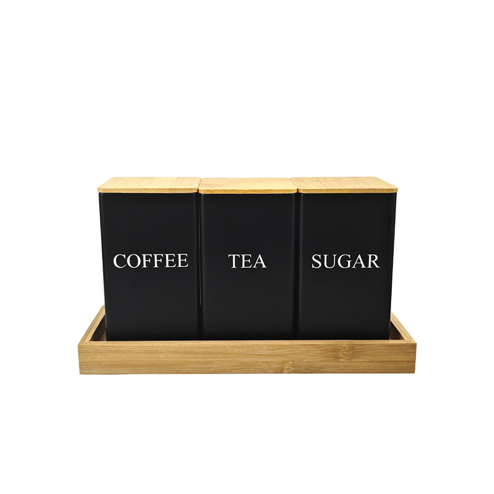 BERAM Metal Tea Coffee Sugar Container Set with Bamboo Lid Airtight Kitchen Storage Jars for Home and Kitchen Tea Box and Coffee Beans Container Set Modern Home Improvement Canisters