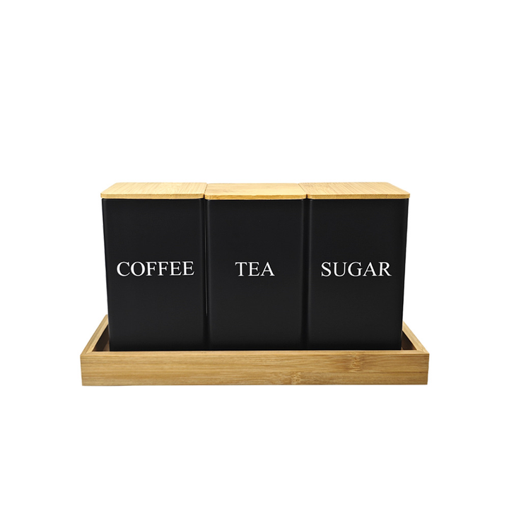 BERAM Metal Tea Coffee Sugar Container Set with Bamboo Lid Airtight Kitchen Storage Jars for Home and Kitchen Tea Box and Coffee Beans Container Set Modern Home Improvement Canisters