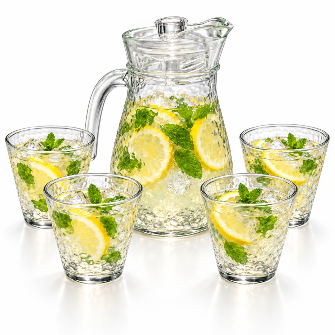 7 Piece Glass Drink Set with Pitcher and 6 Glasses, 11 OZ Drinking Tumblers, Clear Textured Glass Water Juice Beverage Serving Set with Lid, Dishwasher Safe for Home Dining Parties