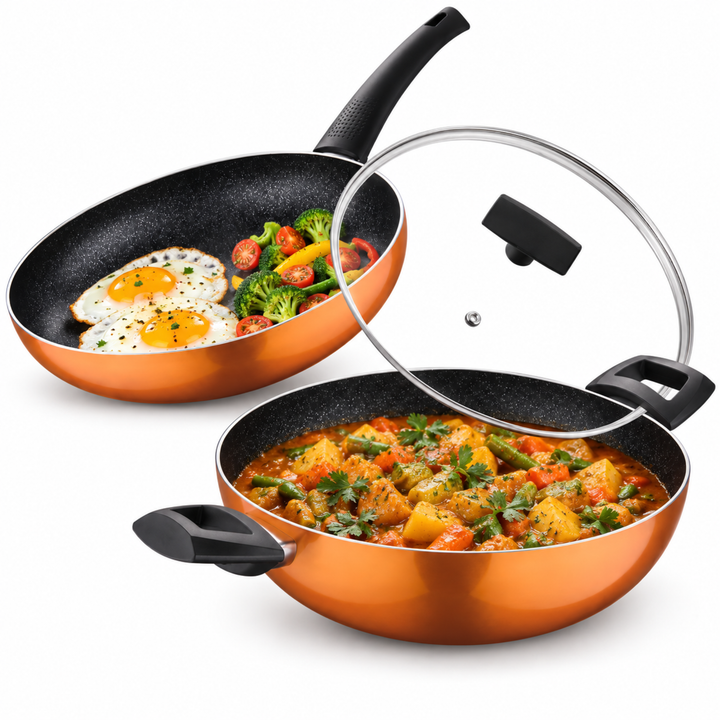 3-Piece Colored Cookware Set with Glass Lids – Premium Stainless Steel & Forged Aluminium, Non-Stick Coating, Ergonomic Bakelite Handles, Even Heat Distribution, Durable & Rust-Resistant Kitchen Pots