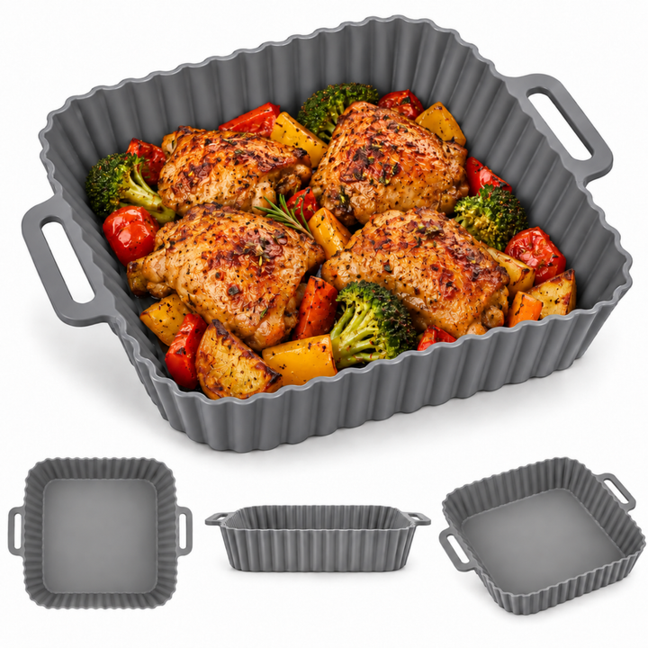Beram Reusable Air Fryer Liner Square Grey Non-Stick Food Grade Silicone Baking Mat Heat-Resistant Easy Clean Food Grade For Air Fryers Ovens Microwaves Frying Roasting and Baking