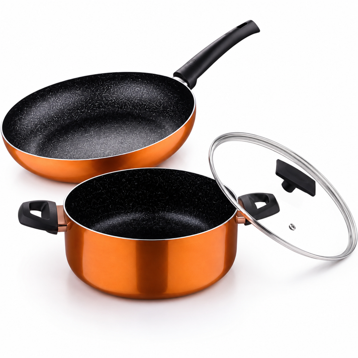3-Piece Ultra Pressed Aluminium Non-Stick Induction Bottom Cookware Set – 28cm Fry Pan & 26cm Casserole with Lid, Rust Orange Finish, Even Heat Distribution