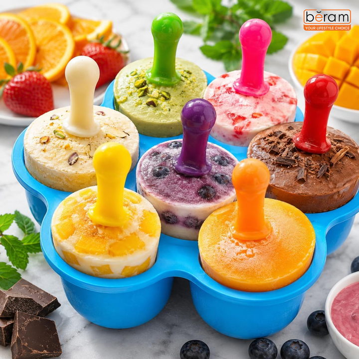 BERAM Mint Chill Combo – Green 7 Cavity Silicone Popsicle Mold with Reusable Sticks, Premium Manual Lemon Squeezer & 2PCS Stainless Steel Sugar Tongs | BPA Free DIY Ice Pop, Citrus Juicer & Dessert Serving Set