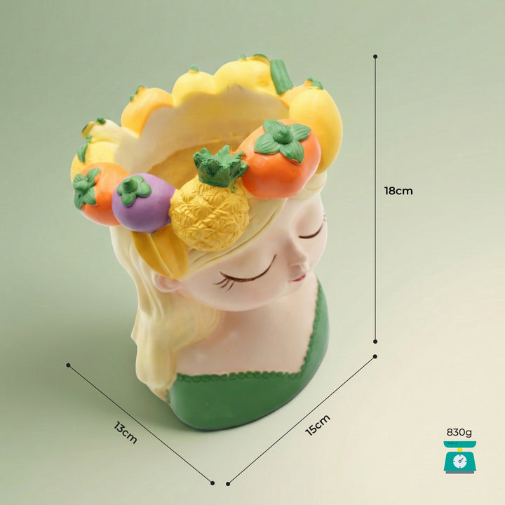 Fancy Girl with Fruit Crown Flower Pot 4 Pcs Set Red Green Pink Yellow Polyresin Decorative Planters for Succulents Indoor Outdoor Home Office Desk Décor Pen Pencil Holder Propagator Kit