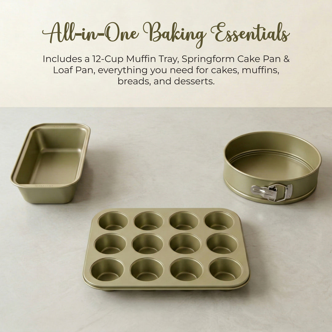 BERGNER 3Pc Non Stick Carbon Steel Greenish Gold Bakeware Set with 12 Cup Muffin Tray Springform Cake Pan and Loaf Pan Oven Safe Baking Tins for Cake Muffin Bread Baking Essentials