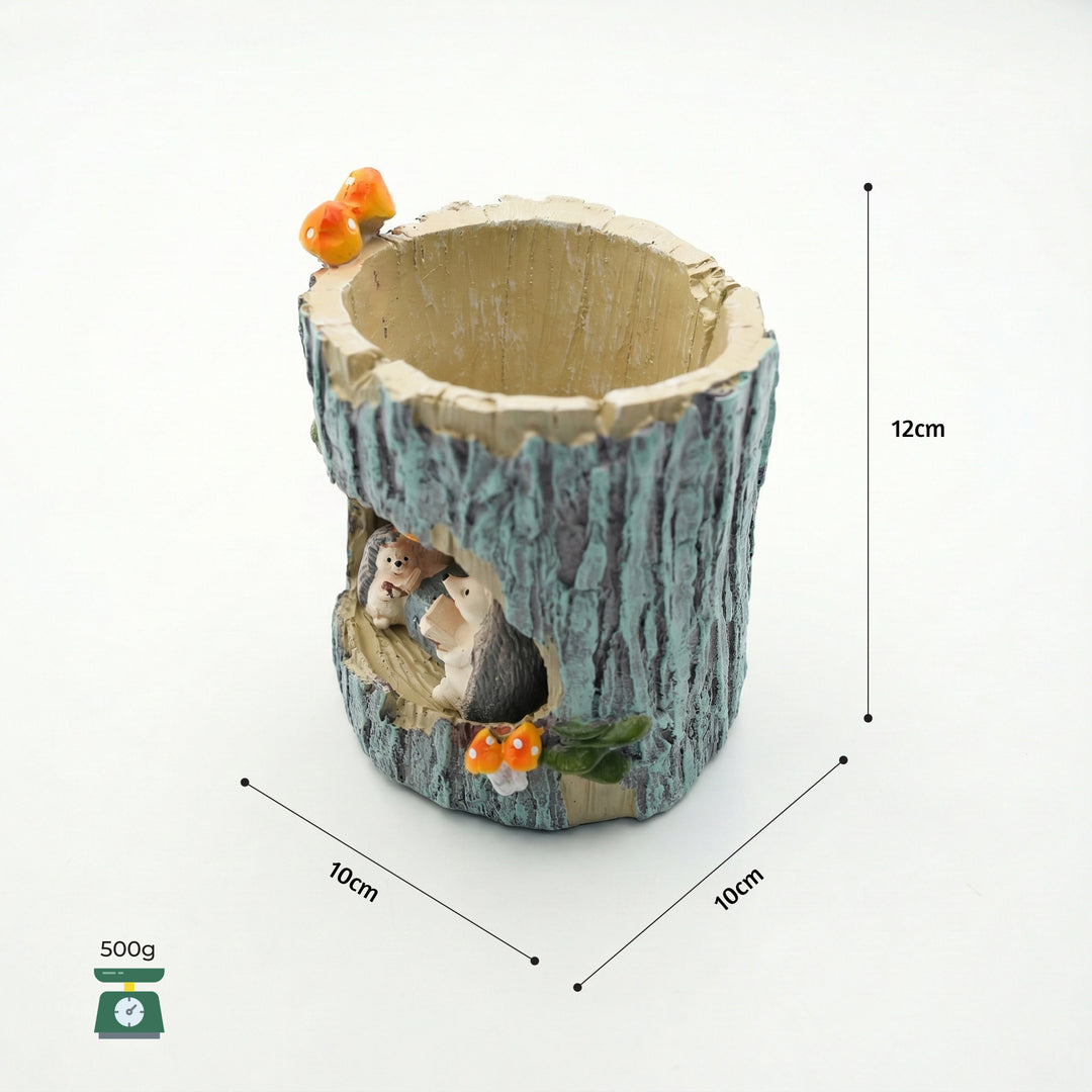 Woodland Animal Planter Set Polyresin Decorative Flower Vase Cute Squirrel Bunny and Bear Succulent Pots Tree Trunk Design Indoor Outdoor Home Garden Decor Pen Pencil Holder Gift Epoxy Coated Finishing