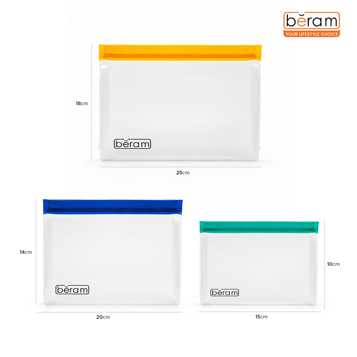 BERAM Reusable Storage Bags Standing Ziploc Containers Dishwasher Safe Leak Proof BPA Free PEVA Material Freezer Safe Lunch and Sandwich Bags Food Safe Picnic and Travel Bags