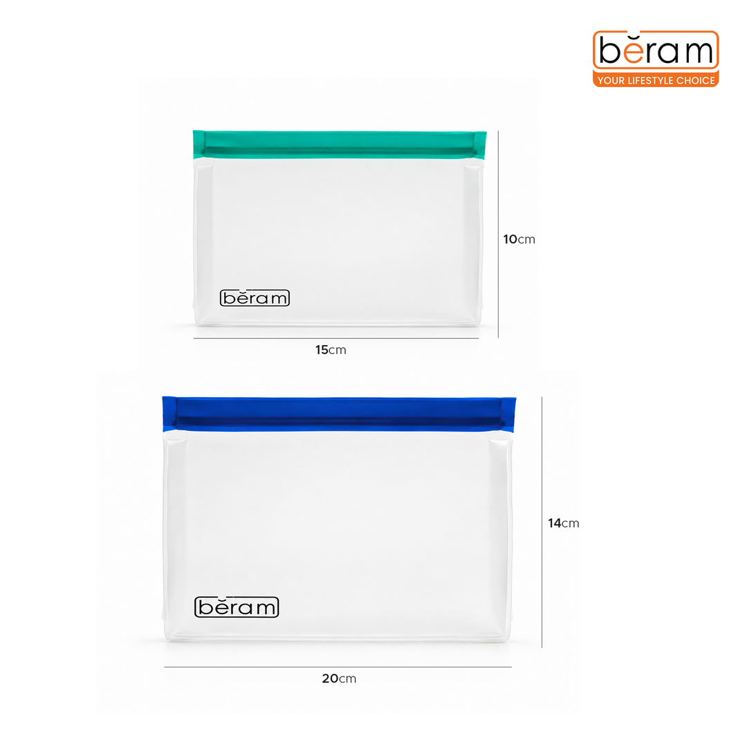 BERAM Reusable Storage Bags Standing Ziploc Containers Dishwasher Safe Leak Proof BPA Free PEVA Material Freezer Safe Lunch and Sandwich Bags Food Safe Picnic and Travel Bags