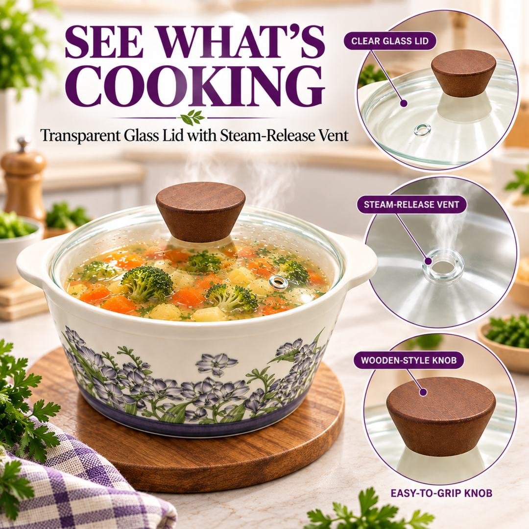 Soup Pot Set with Glass Lids, 0.85L Each, Floral Ceramic Cooking Pots with Side Handles & Wooden Knobs for Soup, Noodles, Porridge, Milk, Stews & Serving
