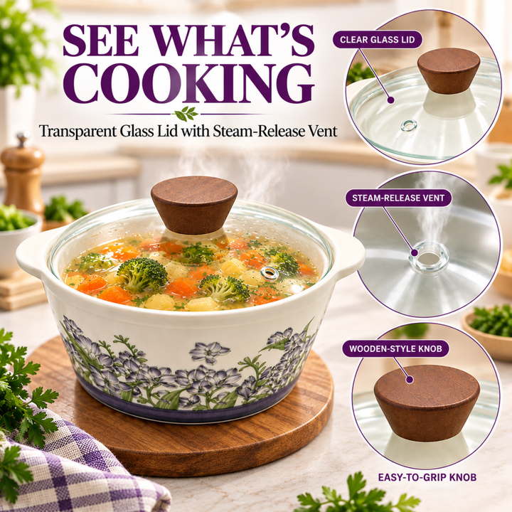 Soup Pot Set with Glass Lids, 0.85L Each, Floral Ceramic Cooking Pots with Side Handles & Wooden Knobs for Soup, Noodles, Porridge, Milk, Stews & Serving