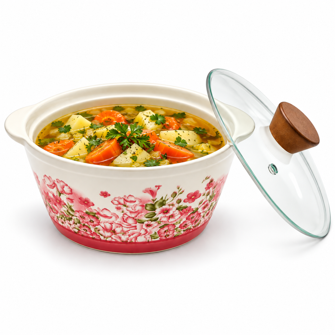 Soup Pot Set with Glass Lids, 0.85L Each, Floral Ceramic Cooking Pots with Side Handles & Wooden Knobs for Soup, Noodles, Porridge, Milk, Stews & Serving
