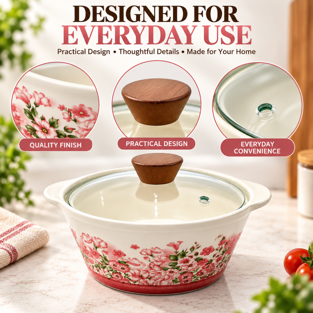 Soup Pot Set with Glass Lids, 0.85L Each, Floral Ceramic Cooking Pots with Side Handles & Wooden Knobs for Soup, Noodles, Porridge, Milk, Stews & Serving