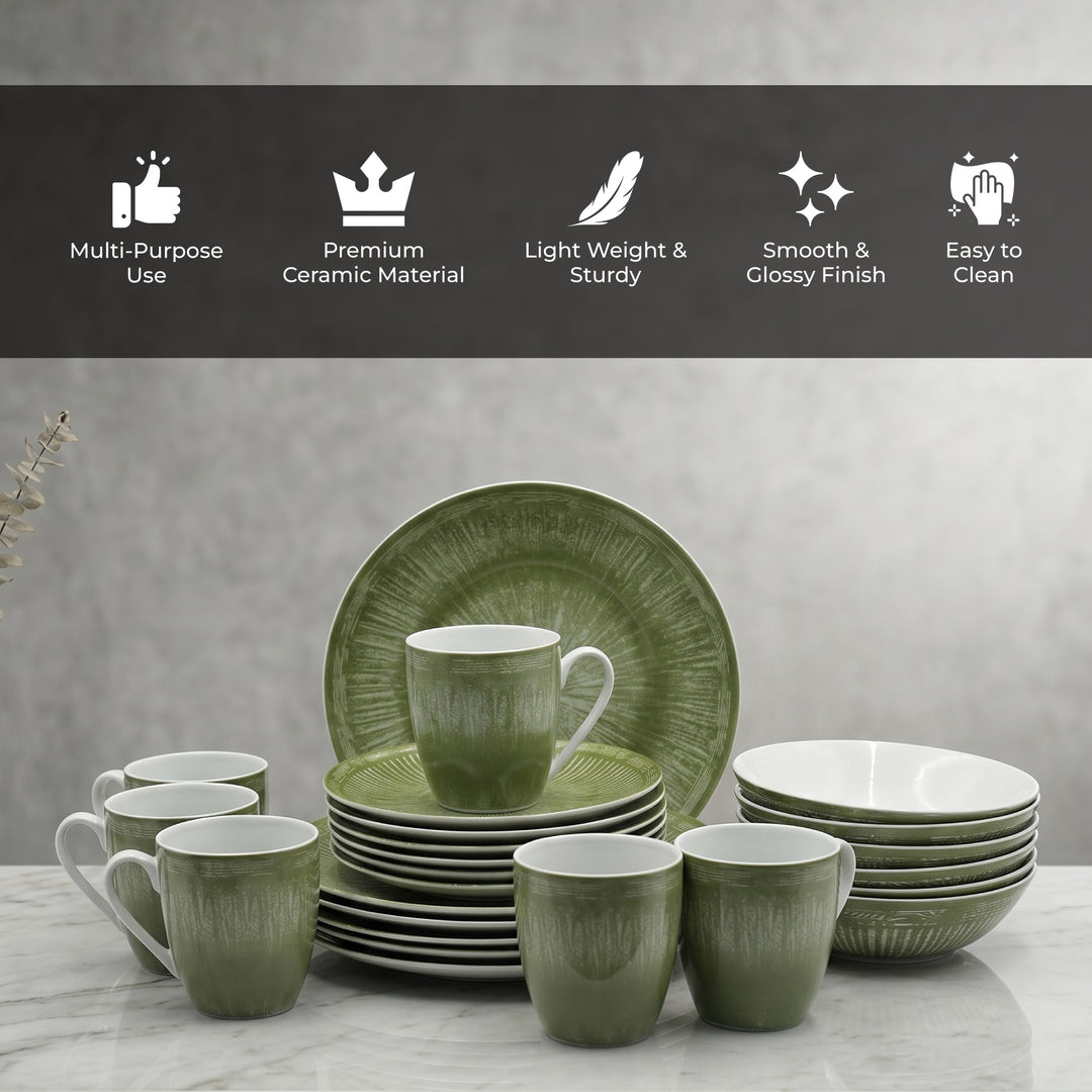 24Pc Ceramic Dinner Set Service for 6 Includes Dinner Plates Dessert Plates Bowls Mugs Durable Green Light Weight Microwave Safe For Everyday Use Special Occasions &Gifting