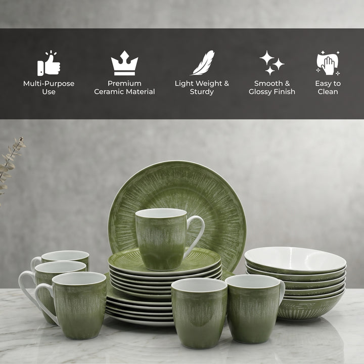 24Pc Ceramic Dinner Set Service for 6 Includes Dinner Plates Dessert Plates Bowls Mugs Durable Green Light Weight Microwave Safe For Everyday Use Special Occasions &Gifting