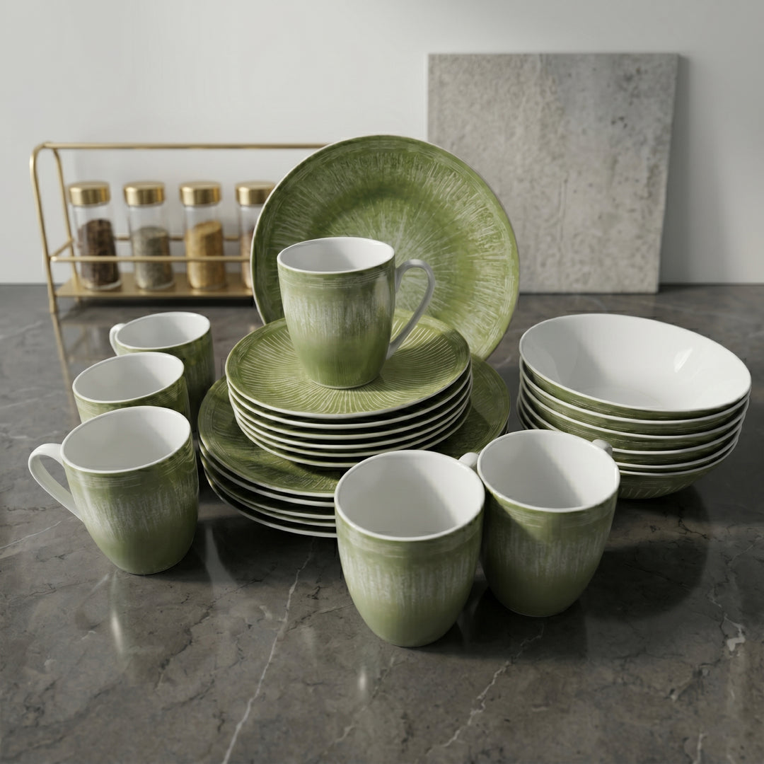 24Pc Ceramic Dinner Set Service for 6 Includes Dinner Plates Dessert Plates Bowls Mugs Durable Green Light Weight Microwave Safe For Everyday Use Special Occasions &Gifting