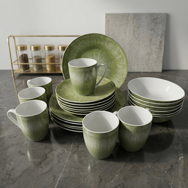 24Pc Ceramic Dinner Set Service for 6 Includes Dinner Plates Dessert Plates Bowls Mugs Durable Green Light Weight Microwave Safe For Everyday Use Special Occasions &Gifting