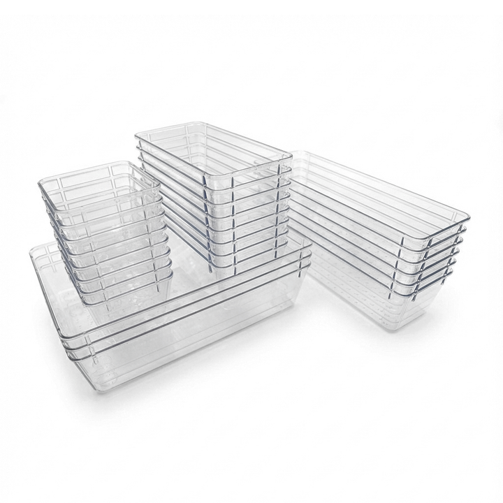 Beram 25PCS Clear Drawer Organizer Set Transparent PET Storage Bins with Non-Slip Base Includes 8 Small 8Medium 6Large 3XL Sizes Stackable Multi-Purpose Containers for Makeup Kitchen Office Bathroom