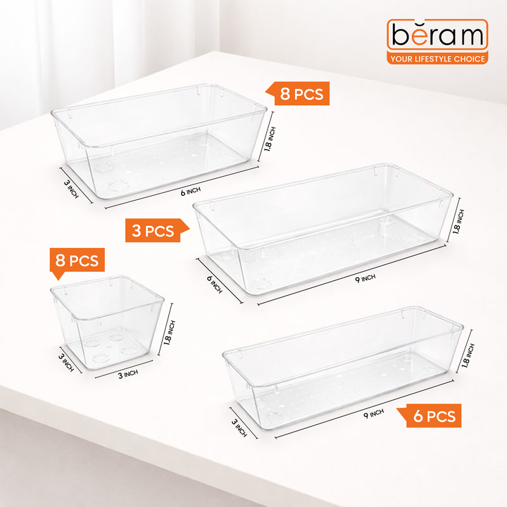 Beram 25PCS Clear Drawer Organizer Set Transparent PET Storage Bins with Non-Slip Base Includes 8 Small 8Medium 6Large 3XL Sizes Stackable Multi-Purpose Containers for Makeup Kitchen Office Bathroom