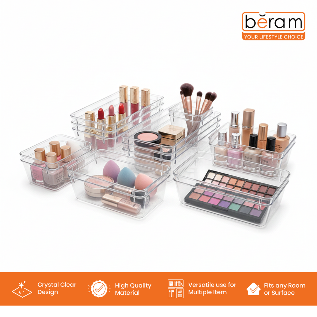 Beram 25PCS Clear Drawer Organizer Set Transparent PET Storage Bins with Non-Slip Base Includes 8 Small 8Medium 6Large 3XL Sizes Stackable Multi-Purpose Containers for Makeup Kitchen Office Bathroom