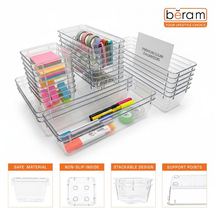 Beram 25PCS Clear Drawer Organizer Set Transparent PET Storage Bins with Non-Slip Base Includes 8 Small 8Medium 6Large 3XL Sizes Stackable Multi-Purpose Containers for Makeup Kitchen Office Bathroom