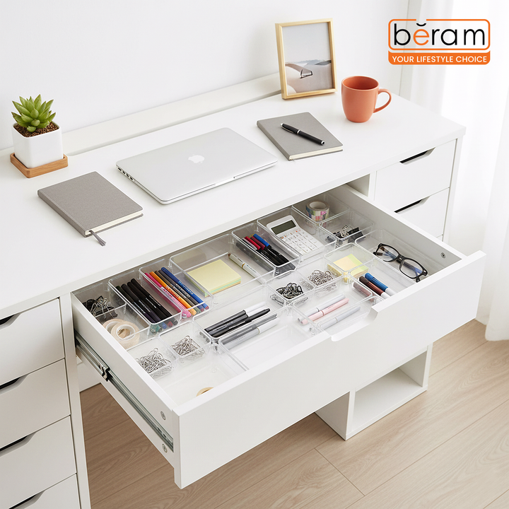 Beram 25PCS Clear Drawer Organizer Set Transparent PET Storage Bins with Non-Slip Base Includes 8 Small 8Medium 6Large 3XL Sizes Stackable Multi-Purpose Containers for Makeup Kitchen Office Bathroom