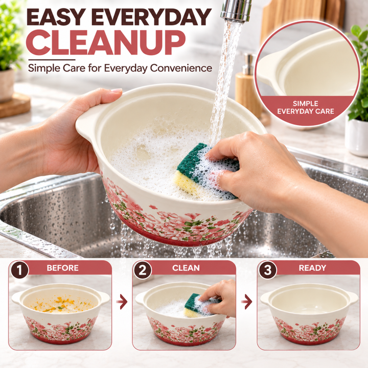 Soup Pot Set with Glass Lids, 0.85L Each, Floral Ceramic Cooking Pots with Side Handles & Wooden Knobs for Soup, Noodles, Porridge, Milk, Stews & Serving